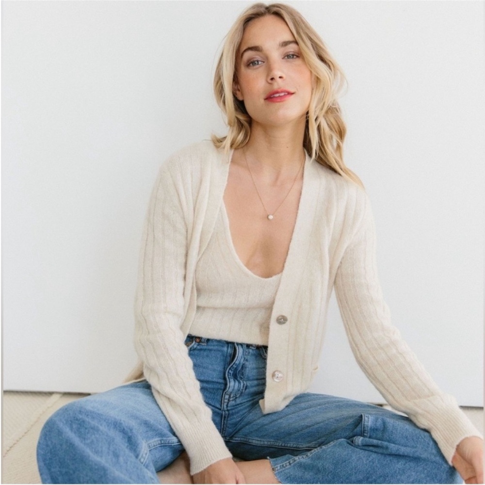 Kilte Collection Cream Cashmere Silk Alpaca Women's Cardigan & Tank Sweater Set